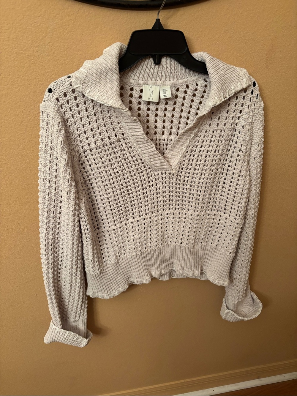 Joie Cream Open-Knit V-Neck Collared Sweater size L